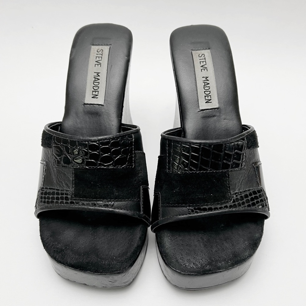Vintage 90s Y2K Steve Madden Black Patchwork Leather Wood Platform Sandals - Picture 2 of 11